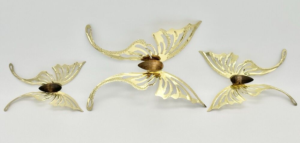 3pc Vintage HOMCO Home Interiors Gifts #1211 Gold Metal Butterfly Wall Decor Set - Picture 4 of 4